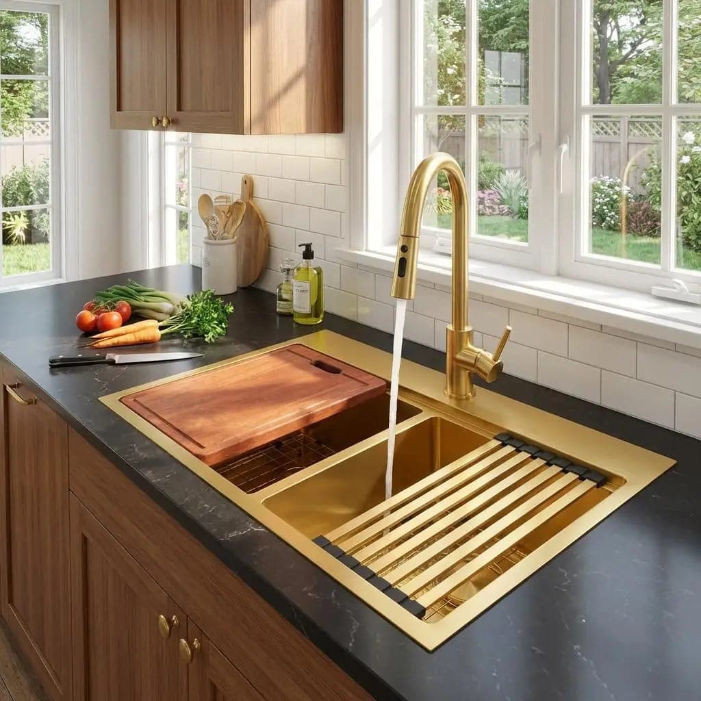 Gold double-bowl stainless sink in a modern kitchen